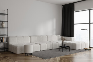 Stylish living room interior with couch and panoramic window. Mockup wall