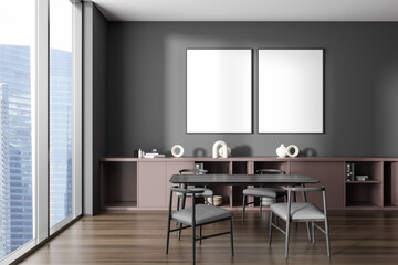 Grey living room interior with table and seats, panoramic window. Mockup frames
