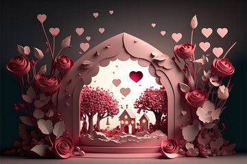 Illuminated Red Pink and White Papercraft Valentine Scene with Hearts, Roses, Archway, and Church Generative AI	