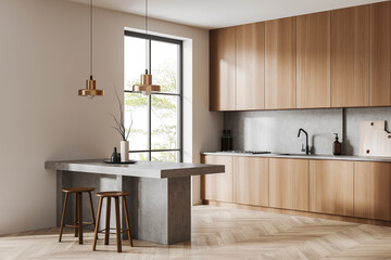 Corner view on bright kitchen room interior with island