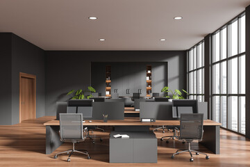Grey business room interior with coworking and meeting area, panoramic window