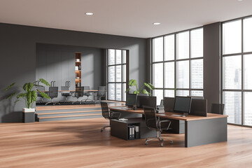 Grey office room interior with coworking and meeting area, panoramic window