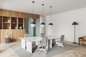 Corner view on bright office room interior with conference board