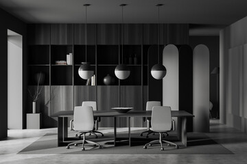 Grey conference room interior with table and armchairs, shelf and decoration