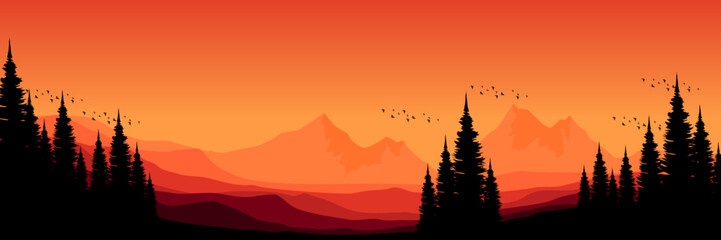 simple sunset mountain with pine tree silhouette flat design vector illustration good for web banner, ads banner, tourism banner, wallpaper, background template, and adventure design backdrop
