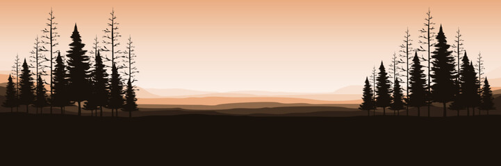 Obraz premium simple sunset mountain with pine tree silhouette flat design vector illustration good for web banner, ads banner, tourism banner, wallpaper, background template, and adventure design backdrop
