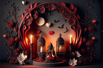 Illuminated Black and Red Gothic Papercraft Valentine Scene with Hearts, Roses, Moon and Bats Generative AI	