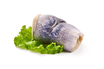 Salted herring rollmops, isolated on white background. High resolution image.