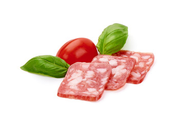 Italian sausage. Tasty dried sausage, close-up, isolated on white background.