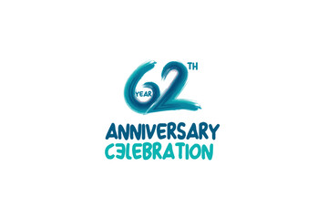 62th, 62 years, 62 year anniversary celebration fun style logotype. anniversary white logo with green blue color isolated on white background, vector design for celebrating event