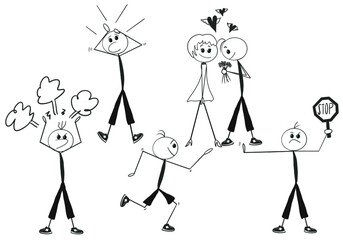 set of different funny characters. stick figures. concept of business, wellbeing at work personal growth. Image for slideshow and teaching aid. vector.