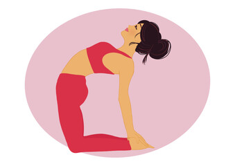beautiful illustration of yogi woman in pink doing back extension yoga pose. Zen and harmony concept. Colorful flat vector drawing isolated on white background