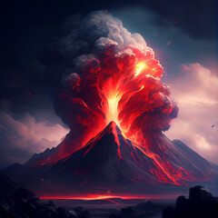 Active vulcano with lava and smoke, vulcano eruption landscape, generative ai