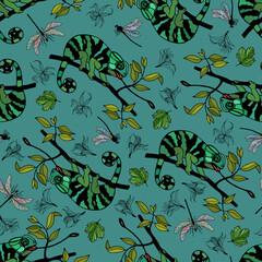  Seamless pattern of chameleon, dragonfly, flowers and leaves. Vector stock illustration eps10.