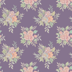Template design for design, postcards, textiles, wallpapers. Seamless floral pattern with flowers and leaves, watercolor illustration.