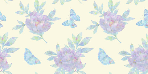 Fototapeta na wymiar Seamless delicate pattern with flying butterflies, leaves and flowers, abstract floral watercolor background
