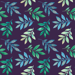 bright leaves painted in watercolor on a dark background, seamless botanical pattern. Abstract background of leaves for wallpaper, textile, print.