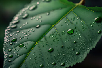 Green leaf with raindrops. Generative AI.