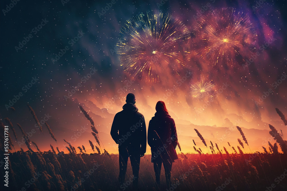 Wall mural man and woman watching an impressive fireworks. generative ai.