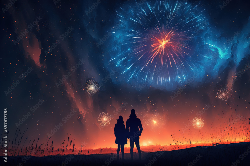 Canvas Prints Man and woman watching an impressive fireworks. Generative AI.