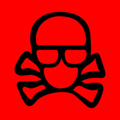 An image of a human head and bones with black lines on a red background