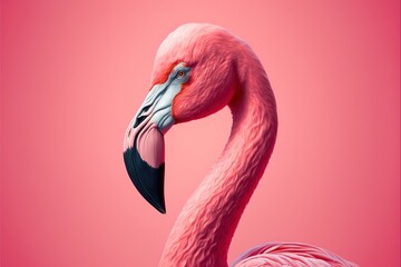 Pink flamingo against a pink background. Generative AI.