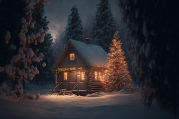 Small cabin and decorated Christmas tree at night. Generative AI.