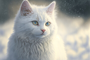 White, fluffy cat in white snow. Generative AI.