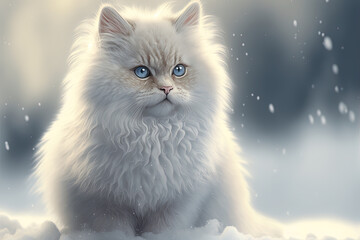 White, fluffy cat in white snow. Generative AI.