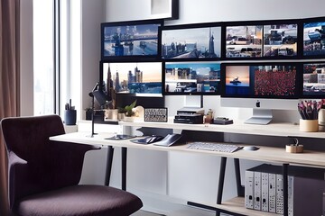 Cozy, Modern home office workplace with computer and desk, wooden floor, natural light, and rug with a big window view of the city