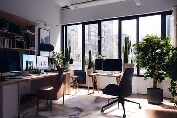 Cozy, Modern home office workplace with computer and desk, wooden floor, natural light, and rug with a big window view of the city