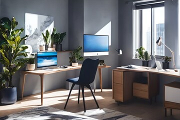 Fototapeta premium Cozy, Modern home office workplace with computer and desk, wooden floor, natural light, and rug with a big window view of the city