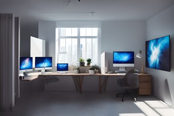 Cozy, Modern home office workplace with computer and desk, wooden floor, natural light, and rug with a big window view of the city
