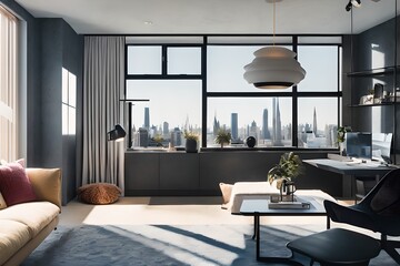 Cozy, Modern home office workplace with computer and desk, wooden floor, natural light, and rug with a big window view of the city