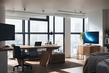 Fototapeta premium Cozy, Modern home office workplace with computer and desk, wooden floor, natural light, and rug with a big window view of the city