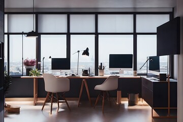 Cozy, Modern home office workplace with computer and desk, wooden floor, natural light, and rug with a big window view of the city
