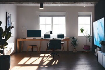 Cozy, Modern home office workplace with computer and desk, wooden floor, natural light, and rug with a big window view of the city
