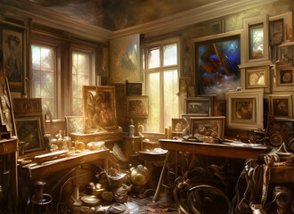 The interior of a painters studio cluttered with paintings artworks and painters tools on workbenches in an old room with large windows. generative ai illustration