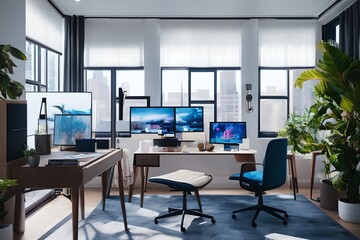 Cozy, Modern home office workplace with computer and desk, wooden floor, natural light, and rug with a big window view of the city
