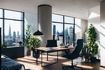 Cozy, Modern home office workplace with computer and desk, wooden floor, natural light, and rug with a big window view of the city