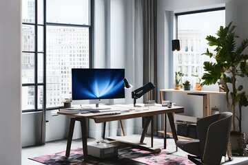 Cozy, Modern home office workplace with computer and desk, wooden floor, natural light, and rug with a big window view of the city