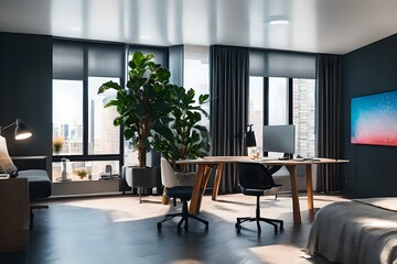 Fototapeta premium Cozy, Modern home office workplace with computer and desk, wooden floor, natural light, and rug with a big window view of the city