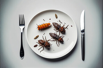Created with Generative AI technologyTop view, eating a cockroach. Cockroach in a white plate with knife and fork.