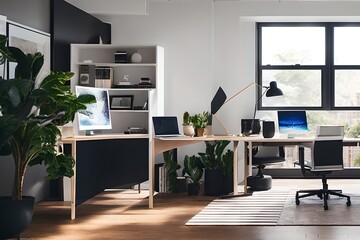Fototapeta premium Cozy, Modern home office workplace with computer and desk, wooden floor, natural light, and rug with a big window view of the city