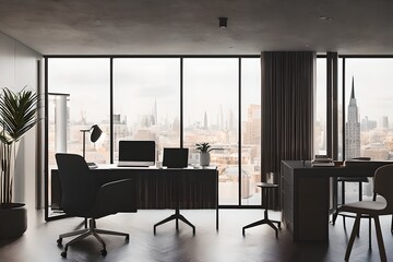 Cozy, Modern home office workplace with computer and desk, wooden floor, natural light, and rug with a big window view of the city