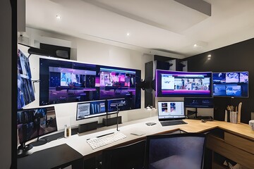 Cozy, Modern home office workplace with computer and desk, wooden floor, natural light, and rug with a big window view of the city