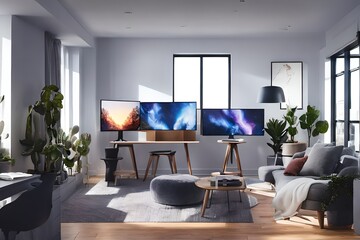 Cozy, Modern home office workplace with computer and desk, wooden floor, natural light, and rug with a big window view of the city