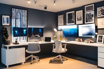 Cozy, Modern home office workplace with computer and desk, wooden floor, natural light, and rug with a big window view of the city