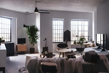 Cozy, Modern home office workplace with computer and desk, wooden floor, natural light, and rug with a big window view of the city