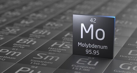 Molybdenum element periodic table, metal mining 3d illustration